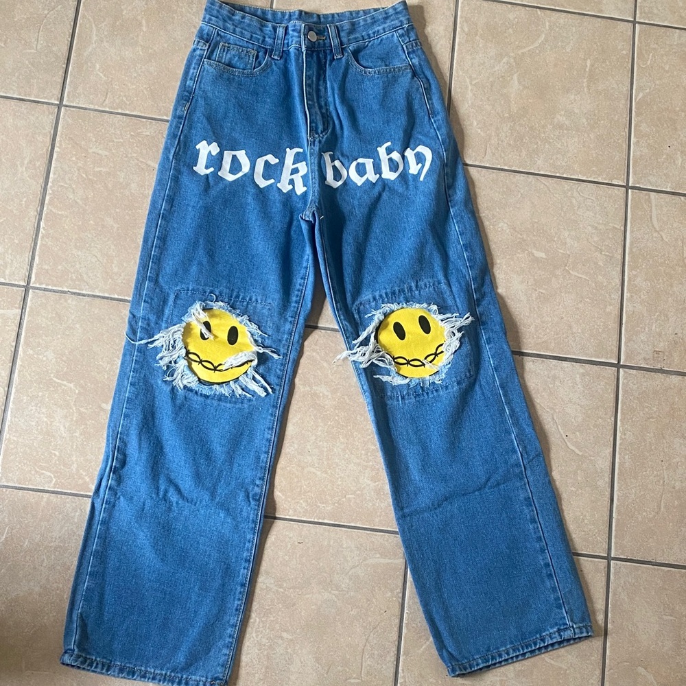 SHEIN Blue Straight Leg Jeans with Smiley Face Patches